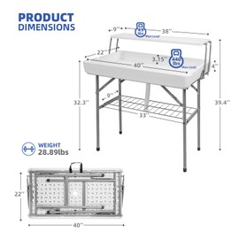 SAVWAY 4 ft Portable Ice Cooler Folding Table with 2 Tiered Shelf, Outdoor Ice Foldable with Drain, Bar HDPE Tabletop for Camping, Picnics, BBQs & Parties (White)