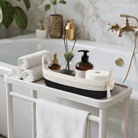 Mkono Small Storage Basket for Toilet Tank Top Boho Bathroom Decor Woven Rope Toilet Paper Tray Organizer for Shelf Bedroom Living Room, Black and White, 1 Pack, 15.7"L x 6"W