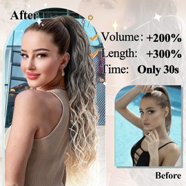 BHF Ponytail Extension - Long Curly Hair Extensions Ponytail Hair Pieces for Women Clip in Ponytail Hair Extensions Synthetic Drawstring Ponytail Long Wavy Fake Ponytail for Daily Use（mt27/613#）