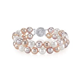 The Pearl Source Sterling Silver 6-7mm AAA Quality Round Multicolor Freshwater Cultured Pearl Double Strand Bracelet for Women