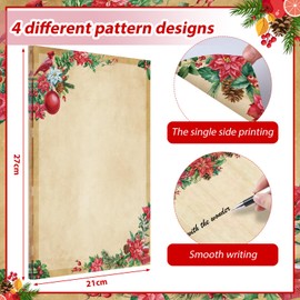 Teling 48 Sheets Christmas Poinsettia Stationary Paper 8.5 x 11'' Cardinal Printer Paper Xmas Pine Cones Berries Letterhead Vintage Holiday Writing Letter Paper for Notes Greeting Invitations Office