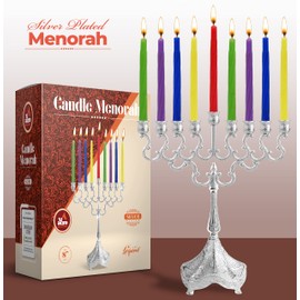 Ner Mitzvah Silver Plated Candle Menorah - Fits All Standard Hanukkah Candles - Curved Branches - Embossed Design - 8” High x 6.5” Wide