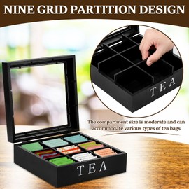 Wooden Tea Storage Box,23x23x9CM Tea Bag Organizer with 9 compartments,Tea Chest Container with Transparent Lid for Tea Bags,Sugar, Coffee Pods (Black)