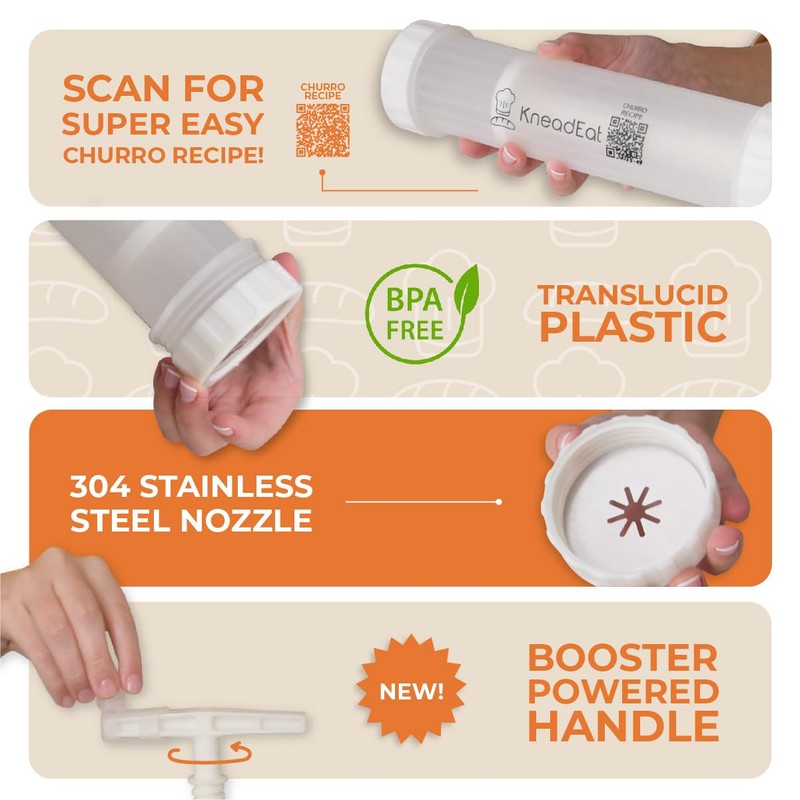 KneadEat Churro Maker Kit with Booster-powered Handle. Churrera and Piping