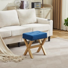 Lasigeli Square Makeup Stool with Rivets Wood X-Legs,Modern Vanity Ottoman Chair,Padded Faux Leather Seat for Dressing Room,Bathroom (Blue+Gold Fabric)