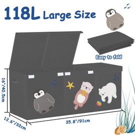 JAYSDAYLY Large Toy Box Storage Chest,Sturdy Toys Storage Organizer Bin Basket with Dividers and Lids for Toddlers,Boys,Girls,Nursery,Closet,Living Room Area,Playroom(Grey Animals)