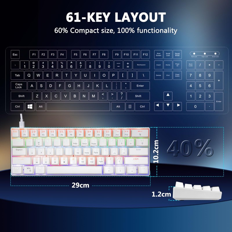 HUO JI 60% Wired Mechanical Keyboard Compact, 61 Keys Red