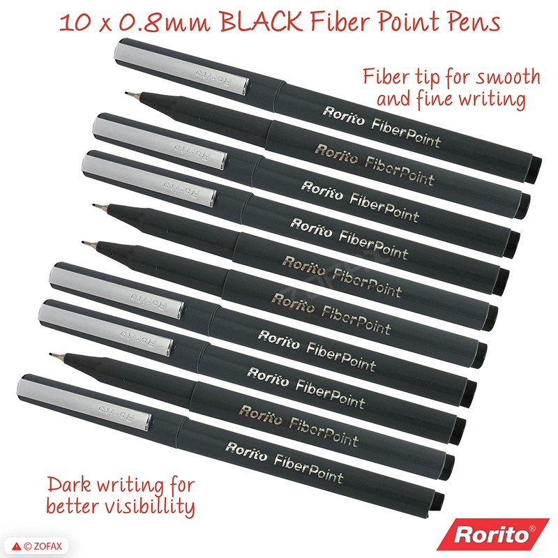 rorito 10 x 0.8mm Fiber Point BLACK Pens Smooth Fine