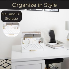 BLU MONACO White Wooden Mail Organizer With Drawer and Gold Handle | Desktop Storage for Home Office and Classroom | Multi-Section Letter Sorter | 4.6”D x 12.4”W x 7.5”H Tabletop Accessory Holder