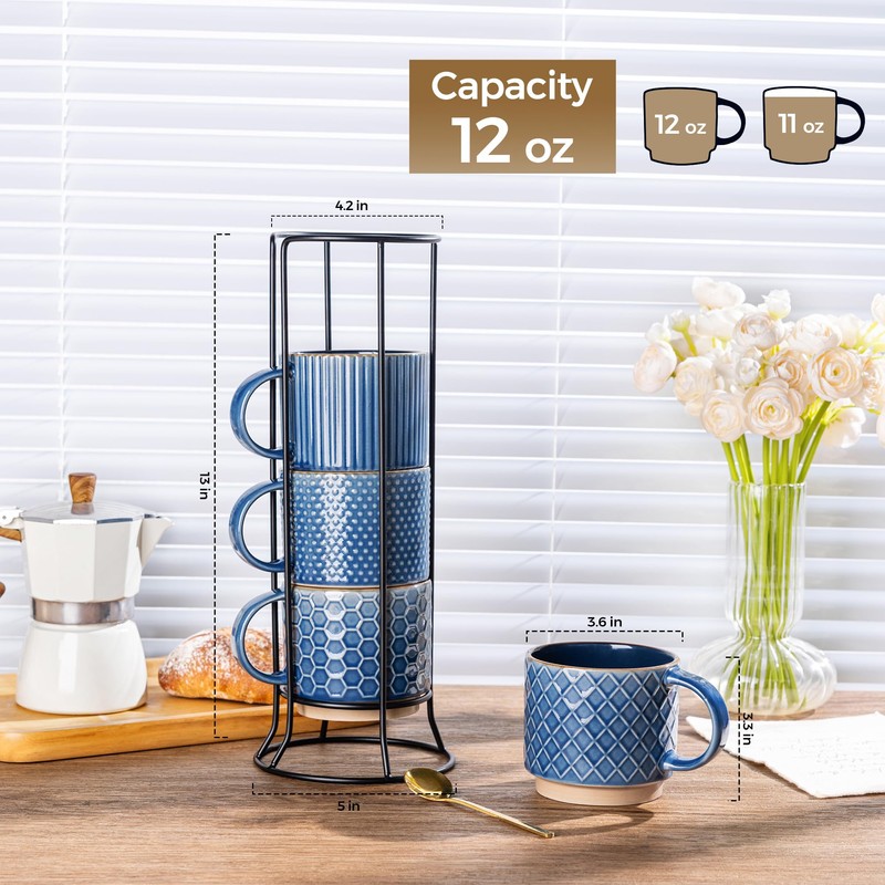 GBHOME 12OZ Stackable Coffee Mugs with Stand, Ceramic Coffee Mugs