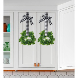 KOVOT Set of 4 Hanging Wreaths with Plaid Ribbon Bow. Christmas Decoration for Kitchen Cabinets, Behind Chairs, Doors, Railings & Windows - Black & White Plaid Bow