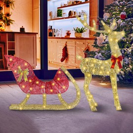 KOCASO Outdoor Christmas Decorations - Lighted Reindeer & Sleigh with 8 Lighting Modes, LED Christmas Yard & Lawn Decor, Santa Sleigh and Reindeer Christmas Outdoor Decorations for Porch Garden Yard