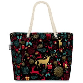 VOID Rentier Glocken Schwarz Strandtasche Shopper 58x38x16cm 23L XXL Einkaufstasche Tasche Reisetasche Beach Bag