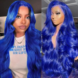 TYUKY Blue Lace Front Wig Human Hair Blue Human Hair Wig 200 Density 13x4 Body Wave HD Lace Front Wigs Human Hair Pre Plucked Human Hair Wig Color Blue Lace Frontal Wigs Human Hair 22 Inch