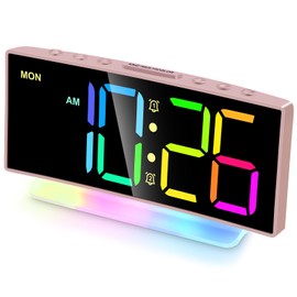 Cadmos Modern Curved Cute Digital Alarm Clock,Colorful Led Display,Adjustable Volume,Weekday/Weekend Mode,Simple Clock for Bedrooms Bedside,Ok to Wake Up for Girls,Kids,Teens (Pink+Dynamic)