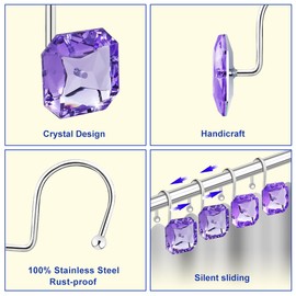 Yapicoco Shower Curtain Hooks Rings for Bathroom, Stainless Steel Rust Resistant Decorative Rhinestones Square Purple Shower Hooks Hangers for Shower Curtains, Clothing, Towels, etc.