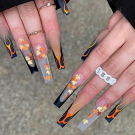 Thanksgiving Day Press on Nails Long Square Fake Nails Fall Maple Leaf Flame Design Full Cover Artifical Acrylic Nails Black French Coffin False Nails Glue On Nails for Women Stick on Nails Set