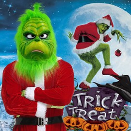 Amzeeniu Grinch Mask Adult, Grinch Costume, Grinch Mask, Christmas Headpiece, Latex Performance Props, Cute Props, Green Monster Mask, Garden Yard Party (Furry Green Santa Mask)