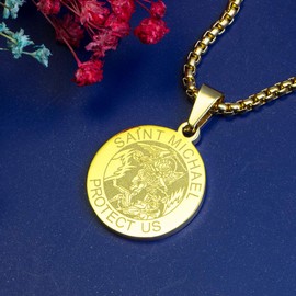 Wolentty Saint Michael Necklace - 1" Stainless Steel Round Religious St. Michael Medal Pendant Hanging with 24" Chain (Gold-plated)