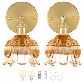 Battery Operated Wall Sconce with Remote Control,Vintage Wall Lamp with Flower lampshade,Rechargeable Battery Powered Wall Lights with 15 Colors for Beside Bedroom Living Room Doorway,Set of 2