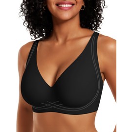 OEAK Womens Comfortable Deep V Bras Wireless Push Up Seamless Full Coverage Bralettes Supportive Bra Raceback Tshirt Bras Black,XL