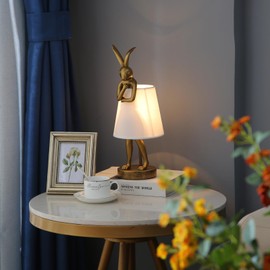 NorDiem LED Bunny Table Lamp, Resin Animal Rabbit Desk Light with Linen Shade, 15.7 Inch Decorative Lamp for Bedroom, Office & Kids Room (15.7" White Shade)