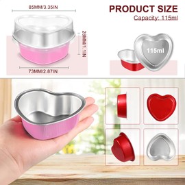 Moldes para tartas en forma de corazón con tapas, 3.4 onzas/100 ml, mini moldes desechables de papel de aluminio para cupcakes para el día de San Valentín, bodas, fiestas (rojo, rosa, morado, 30 juegos)