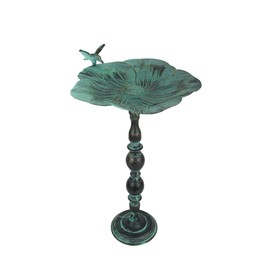 Rustic Verdigris Green Finish Metal Bird Bath - Enchanting Outdoor Garden Water Basin - 25.5 Inches High - Decorative Birdbath for Yard, Deck, and Flowerbeds