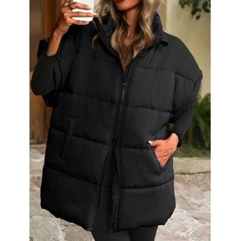 ELLEVEN Womens Puffer Vest Stand Collar Flysleeve Oversized Puffy Quilted Vest Woman Casual Mujer Warm Ladies Mid Long Length Drop Sholder Lightweight Winter Spring Fall Baggy Plus Black Medium