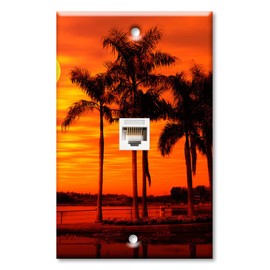 Art Plates - One Port RJ45 Ethernet decorative printed keystone style wall plate. Works with Cat5 through Cat8 cables. Female to Female Connection. - Orange Sunset on the Beach