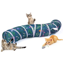 Hedgeink Cat Tunnel S-Shape Peekaboo Cat Cave with Toys Tunnels for Indoor Cats Foldable Rabbit Play Tubes for Guinea Pig, Ferret, Hamster Puppy, Bunny, Kitten, Green flower branches