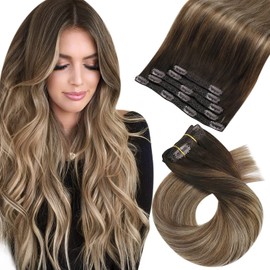 Moresoo Real Hair Extensions Clip in Human Hair Balayage Brown Clip in Hair Extensions Dark Brown to Light Brown with Dark Honey Blonde Double Weft Clip in Extensions 10 Inch 5 Pcs/70g #4/10/16