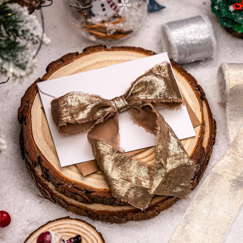 Flyhill Shimmering Frayed Soft Metallic Chiffon Silk Ribbon with Champagne