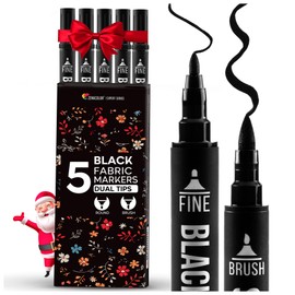 Zenacolor 5 Dual-Tip Black Fabric Markers Permanent for Clothes - Fabric Paint Pens for Personalizing Shirts Bags Hats Canvas and Textiles