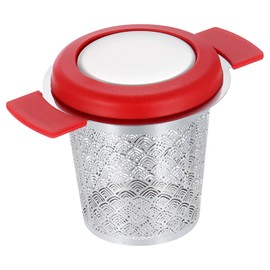 sourcing map 1 Pcs Tea Infuser Filter with Lid, Mesh Loose Tea Steeper, Stainless Steel Tea Strainer with Handle for Brew Loose Leaf Tea, Red