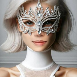 Rhinestone Masquerade Mask for Women - Silver Mardi Gras Mask Half Face Crystal Masks Costume Prom Accessories