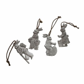 Loberon Set of 4 Pierre Pendants, Hand-Painted Bunny Pendants, Loving Detail Design, Easter, Easter Decoration, Polyresin, Polyester, Antique Grey