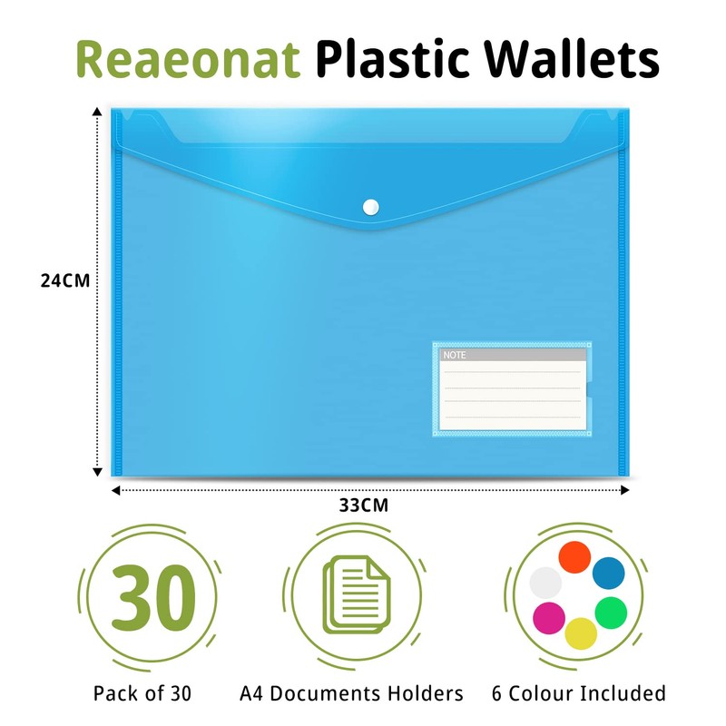 Plastic Wallets, 30 Pack A4 File Folders for Document Paperwork