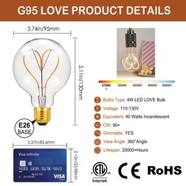 MYEARAYS 40 Watt Decorative Vintage LED Light Bulbs, G95 Love 4W LED Filament Edison Bulb,2700K Oversized Warm Lights,Dimmable E26 Lamp Base,1-Pack-Clear