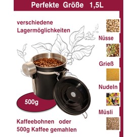 Pro@Home43 - Coffee Canister 500 g / 1.5 L - Black - Coffee Bean Storage Container Made of Stainless Steel, Airtight, Includes Stainless Steel Dosing Spoon and CO2 Replacement Valves, with Date