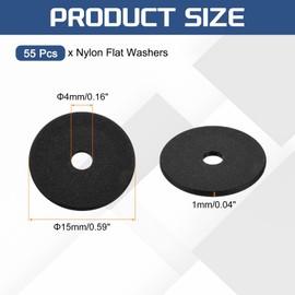 sourcing map 55Pcs M4 Nylon Flat Washers Plain Washer 4mm ID 15mm OD 1mm Thick Plastic Spacers for Screws Bolts Garden Faucet Plumbing Repair, Black