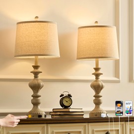 SAIWEYA 27.5" Farmhouse Table Lamps Set of 2 Bedside Lamp with USB C+A Ports & AC Outlet, 3 Way Dimmable Touch Lamps for Living Room Bedroom Office Study Room Rustic Nightstand Traditional Lamp