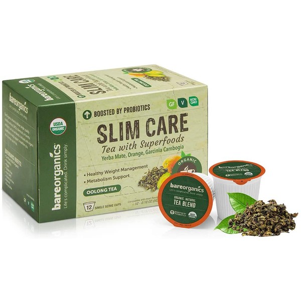 BareOrganics Slim Care Tea with Superfoods & Probiotics, 12 Single Serve Cups, 12 Count