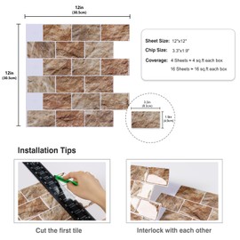 CRE8TIVE 16 Sheets Faux Brick Peel and Stick Backsplash Subway Tile Stick on Backsplash for Kitchen Orange Brown Slate Tile 12"x12" Removable Waterproof Tile Stickers for Bathroom Laundry Room Renters