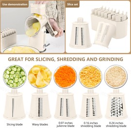DFENGDF Rotary Cheese Grater & Mandoline Slicer with 5 Interchangeable Blades – Effortless Shredding Slicing for Cheese, Vegetables, Fruits Nuts Easy-Clean Design for Kitchen Use (White)