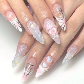 24Pcs French Tip Press on Nails Almond Shaped Fake Nails with Sparkling Heart & Mermaid Bubble Beads Design Full Cover Acrylic False Nails Medium Length Nails Finger Nail Set for Women