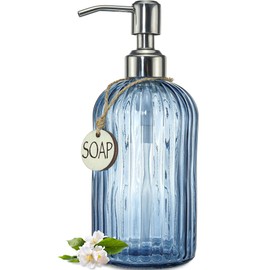 JASAI 18Oz Navy Blue Glass Soap Dispenser for Kitchen & Bathroom, Refillable Kitchen Soap Dispenser with Vertical Stripe, Bathroom Soap Dispenser for Dispense Hand soap& Dish Soap.