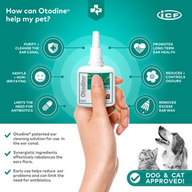 ICF Otodine | Cat & Dog Ear Cleaner Solution | Dog Ear Drops to Stop Wax Build Up, Head Shaking, Discomfort, Ear Odour & Scratching | 100ml