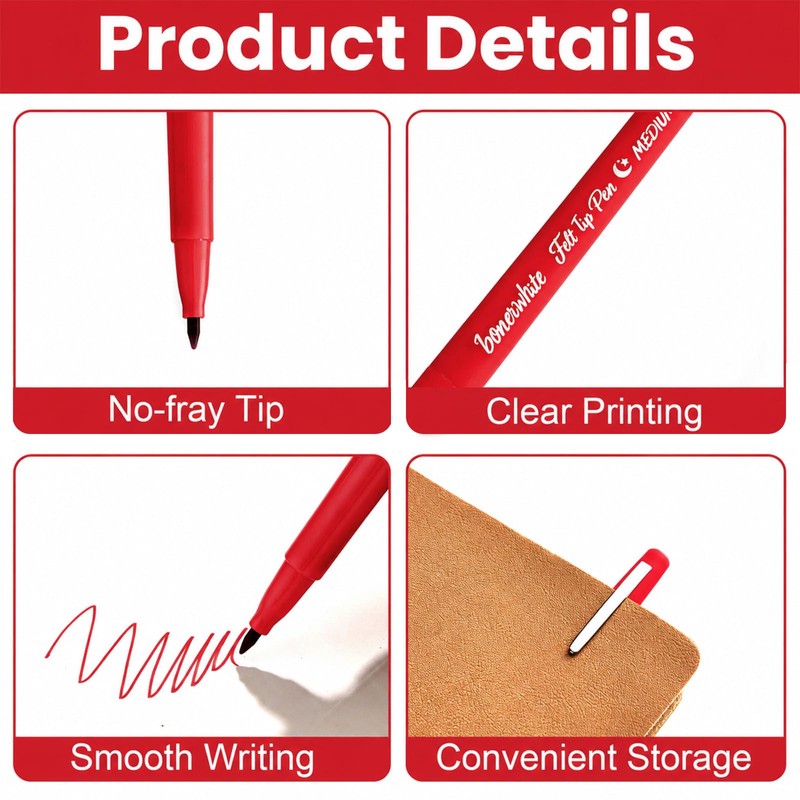 Bornerwhite 24 Pcs Red Felt Tip Pens 0.7mm Medium Point