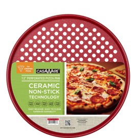 casaWare Perforated Pizza Pan 12-inch, Ceramic Coated NonStick (Red Granite)